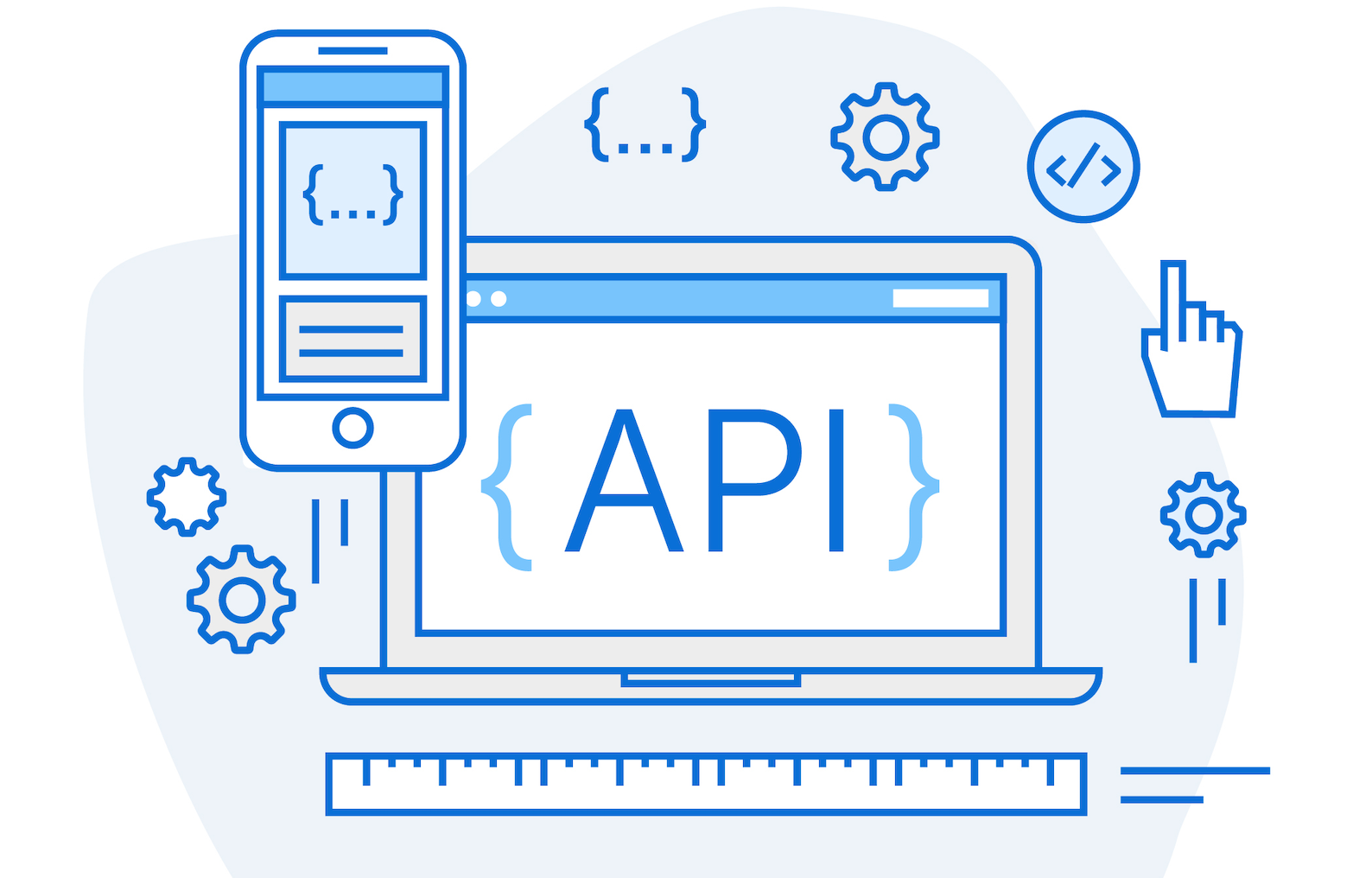 Illustration of a laptop and phone with API images