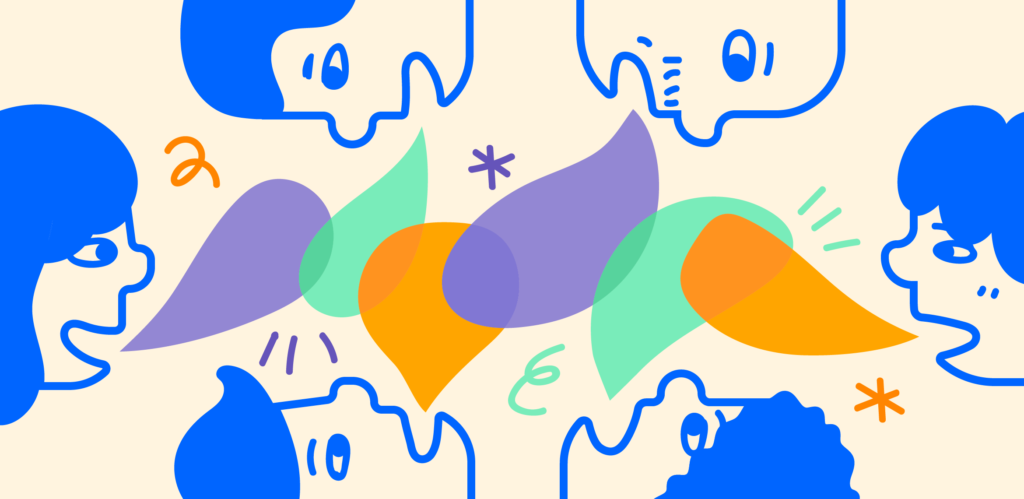 Illustration of cartoon people talking with speech bubbles